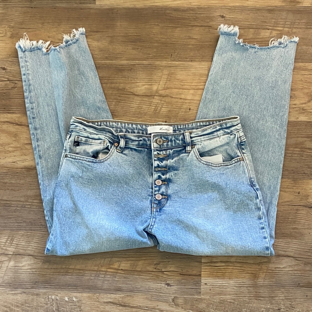 KanCan Light Blue High-Rise Button-Fly Jeans with Frayed Hem